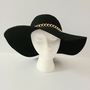 Kathy Jeanne Gold Chain Detail Floppy Wool Boho Black Wide Rim Hat